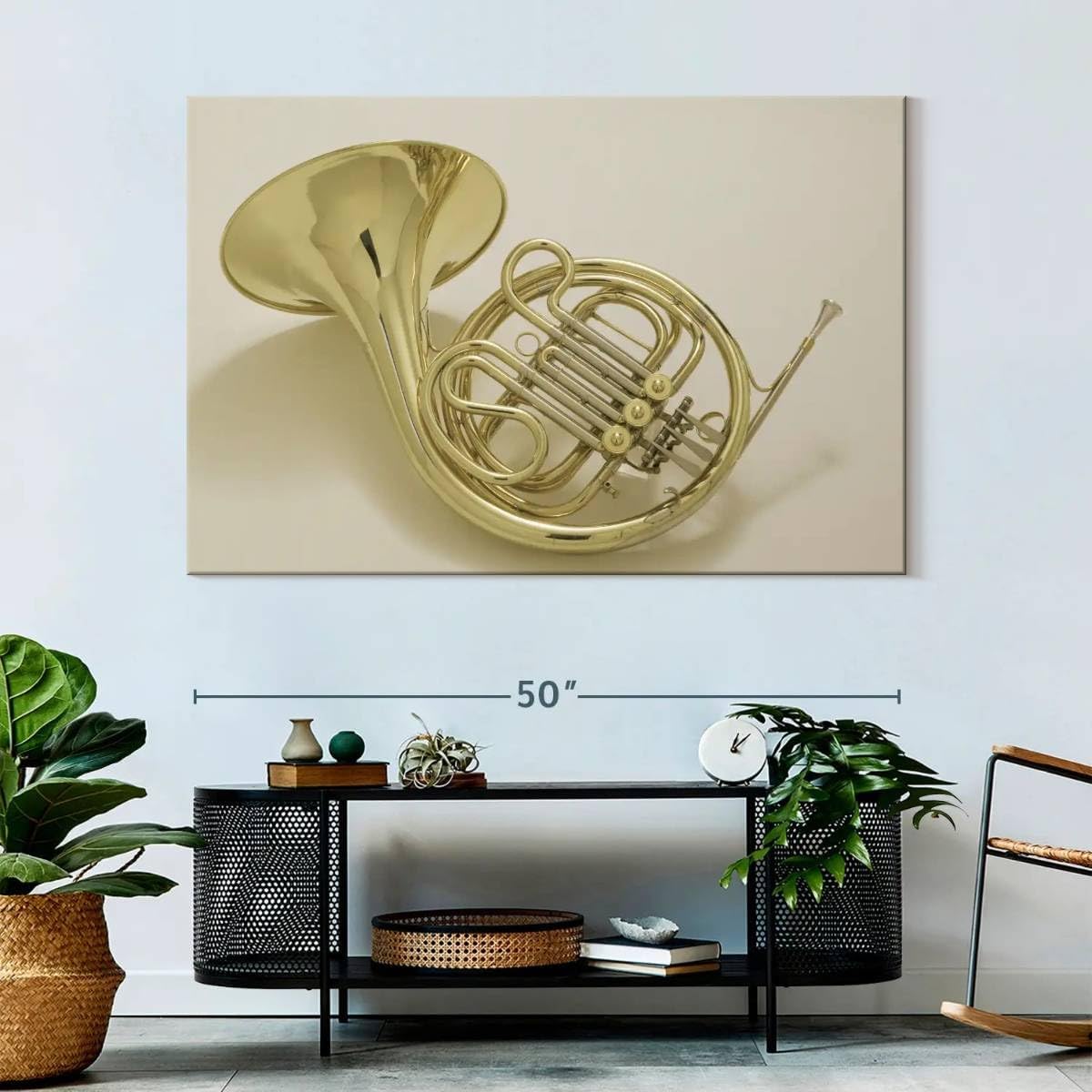 ElephantStock - French Horn Instrument Wall Art - Horizontal Canvas Wall Art - Living Room Wall Decor - Photography Music Canvas Art - Gray And Gold Decor - 51