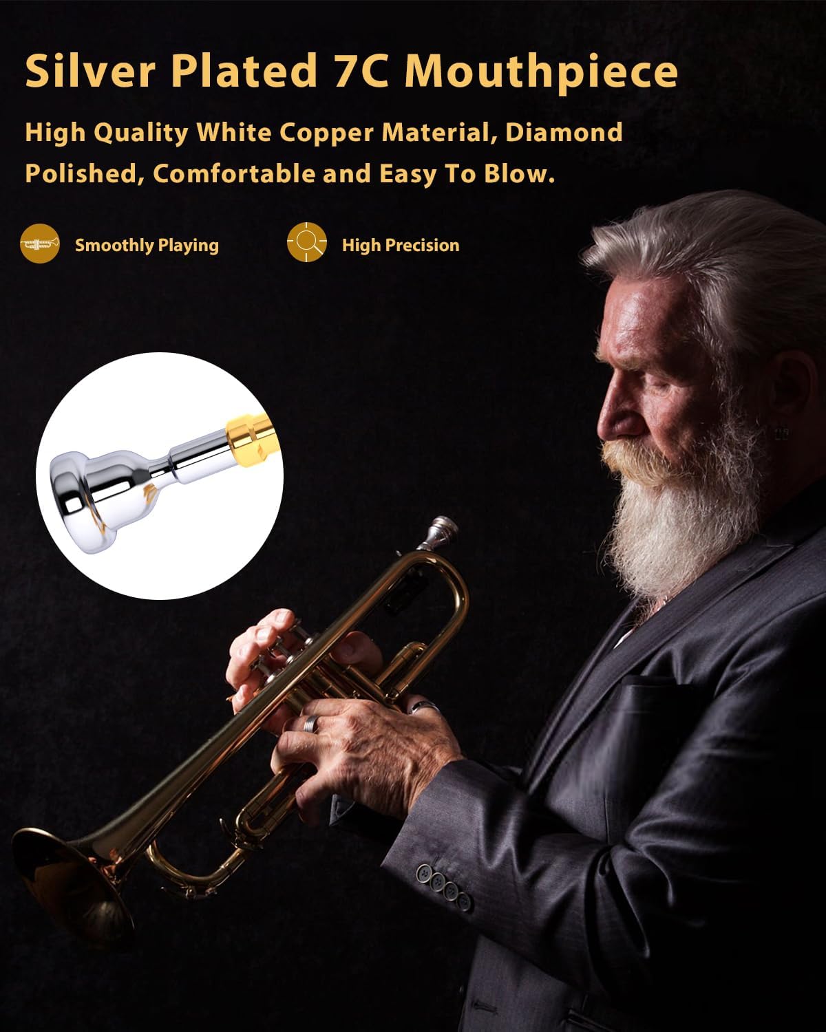 Bb Standard Trumpet Set for Beginner or Advanced Student, Brass Student Trumpet Instrument with Hard Case, Cleaning Kit, 7C Mouthpiece and Gloves (Gold)