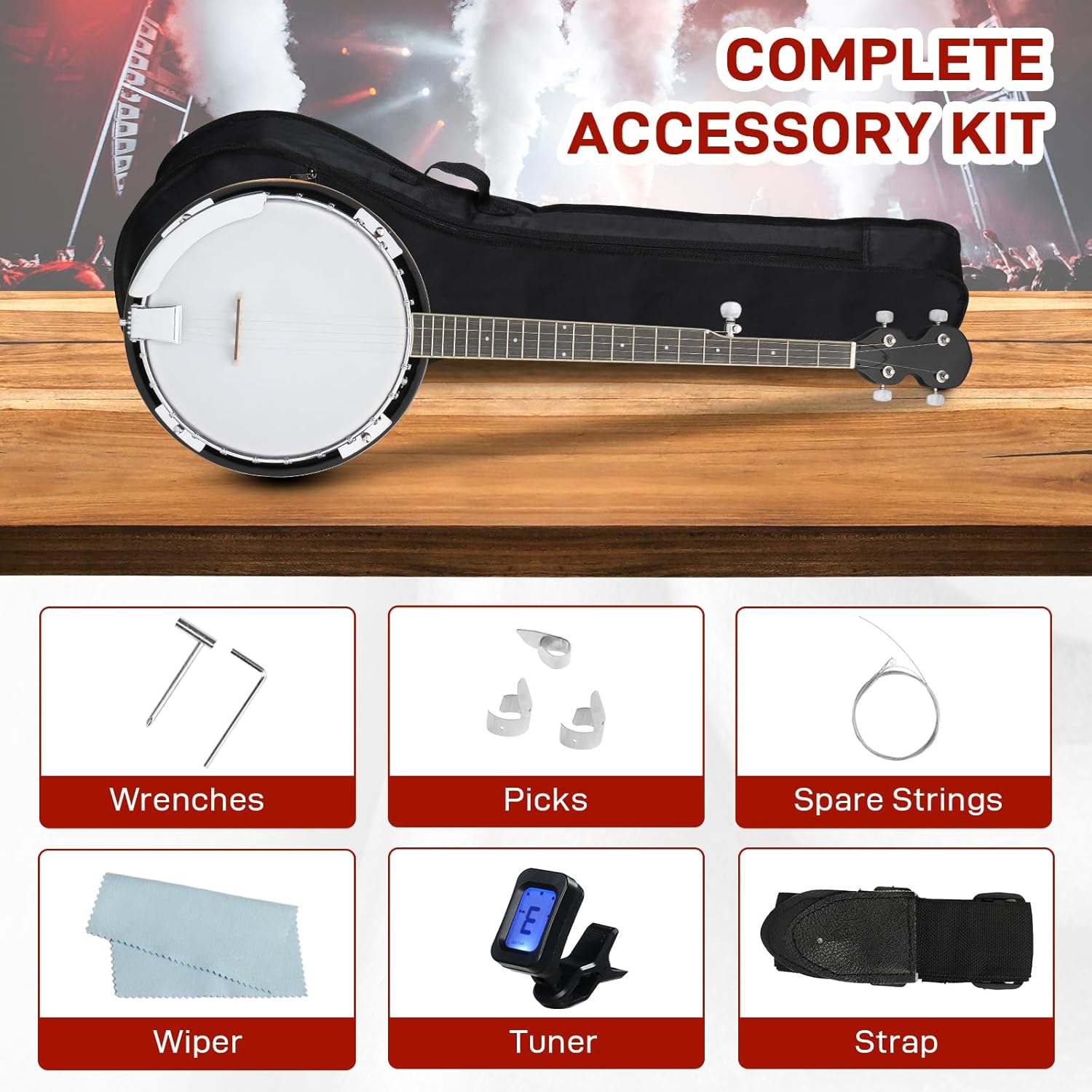 Full Size 5 String Right Handed Banjos Set with Closed Solid Sapele Back & Premium Mahogany Neck and Premium Accessories