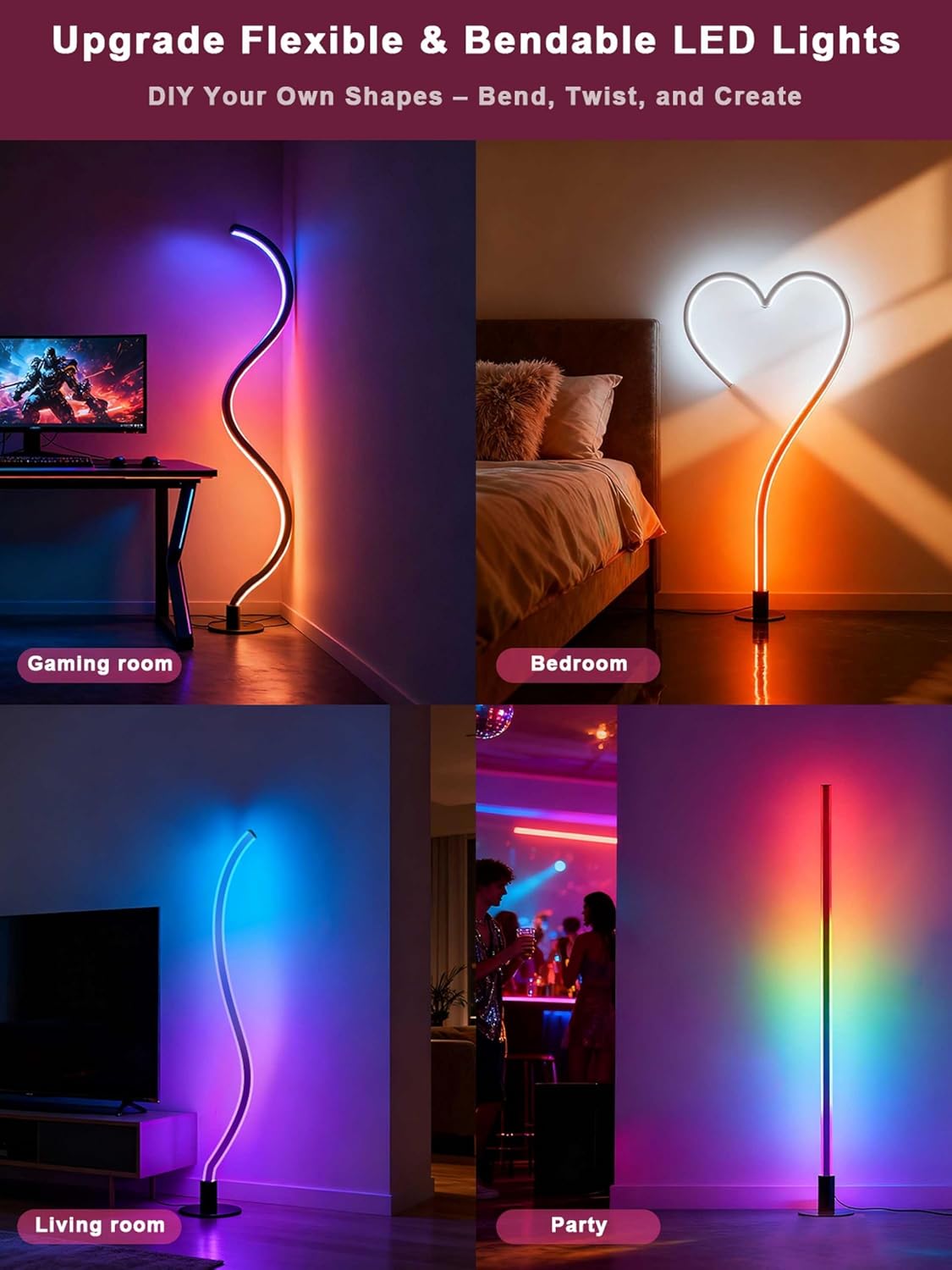 Corner Floor Lamp 2PCS, 1300Lumen Modern LED lights with Music Sync and 16 Million Colors Foldable, Timer Setting, DIY Shape Light with APP & Remote Control and bendable for Living Room,Bedroom,Room