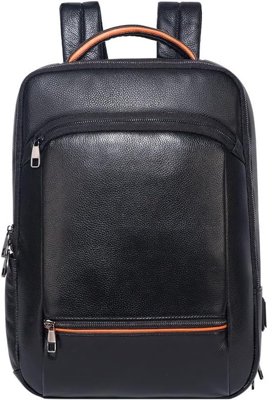 Genuine Leather Laptop Backpack, Breathable Design with Suitcase Strap, Casual Business Travel Daypack Gift Box (Black)