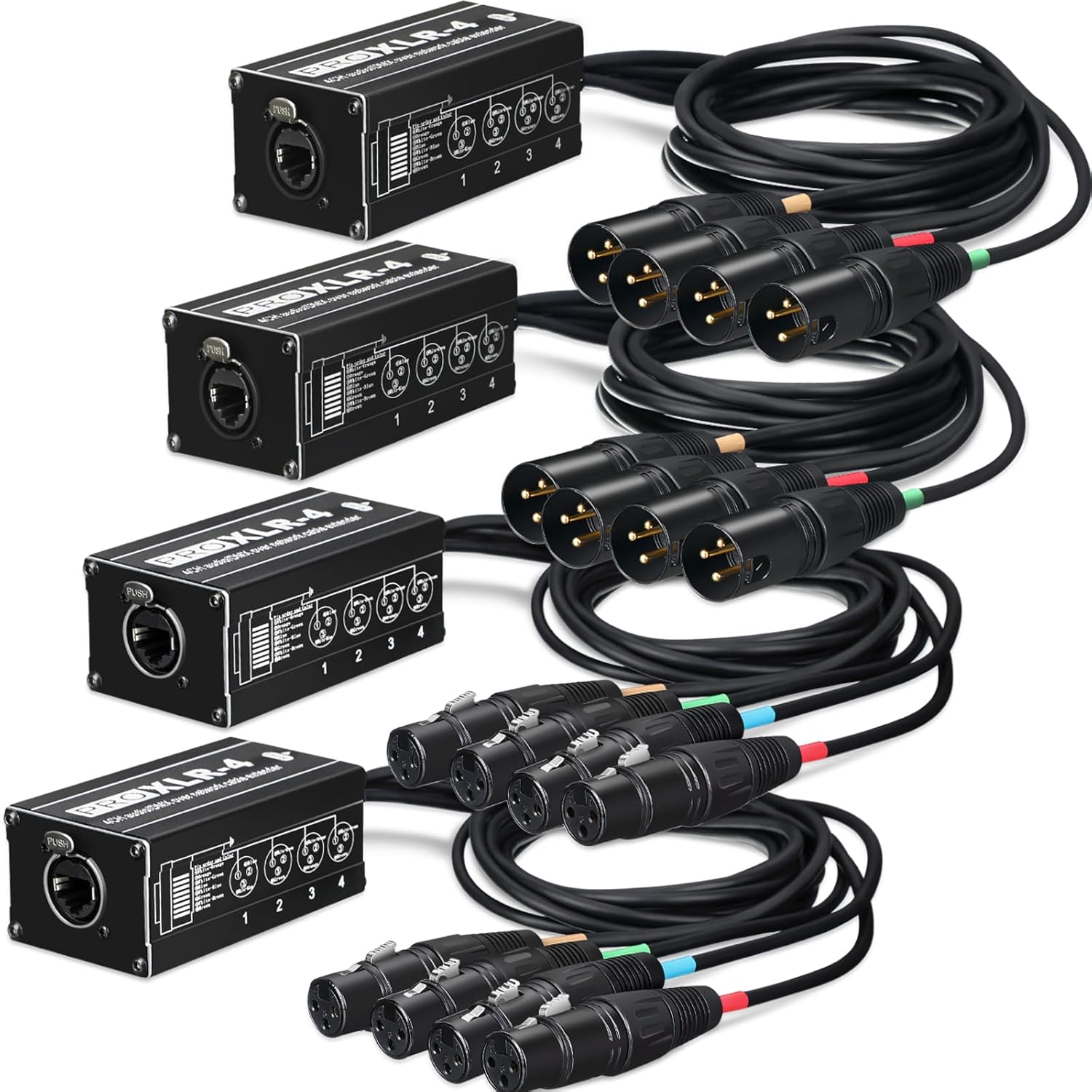 Flutesan 4 Pack 4 Channel 3 Pin Audio Snake XLR Cable XLR Over Rj45 Multi Network Snake Receiver with 3.3 ft Cable Box Extender for Stage Lighting Home Recording Studio(Black Plug)