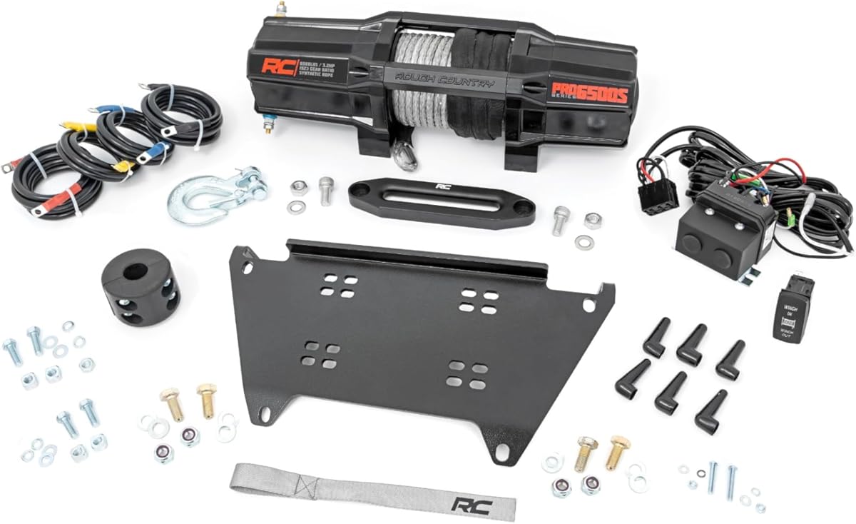 Rough Country 6,500 LB Winch Mount for Polaris Ranger XP 1000 - Bolt-On Mounting Plate with RS6500S UTV Winch & Synthetic Rope