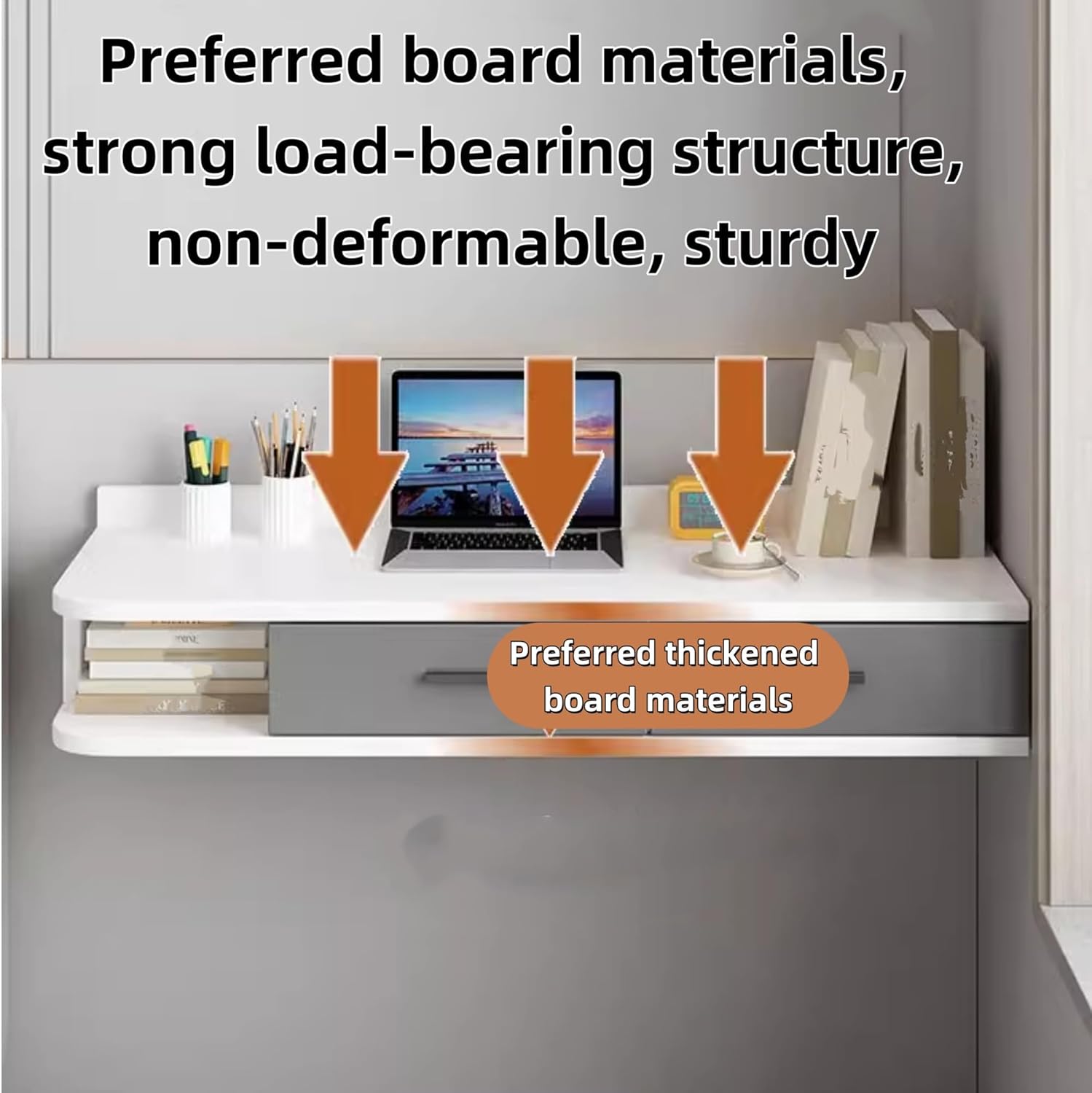 Floating Wall Mount Computer Desk, Wooden Floating Shelf with Drawer, Modern Vanity Desk for Bedroom, Living Room, Office(Gray,23.6x15.7x9.8in)