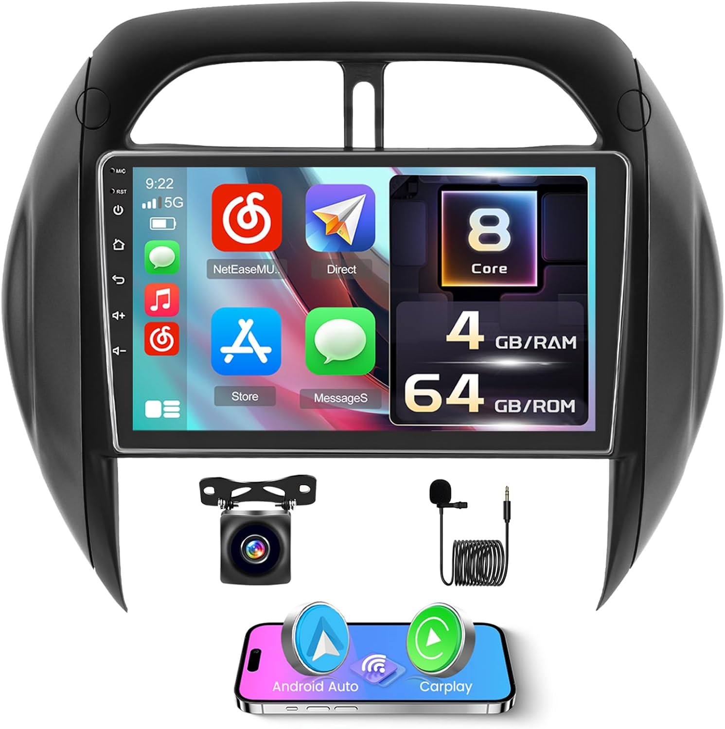 Qualcomm [8-Core 4+64GB] Inefala Android 15 Car Radio for Toyota RAV4 2003-2005 with Carplay Android Auto, 9 Inch HD Touchscreen Car Stereo with 3D Car Model WiFi GPS Bluetooth FM/RDS DSP SWC