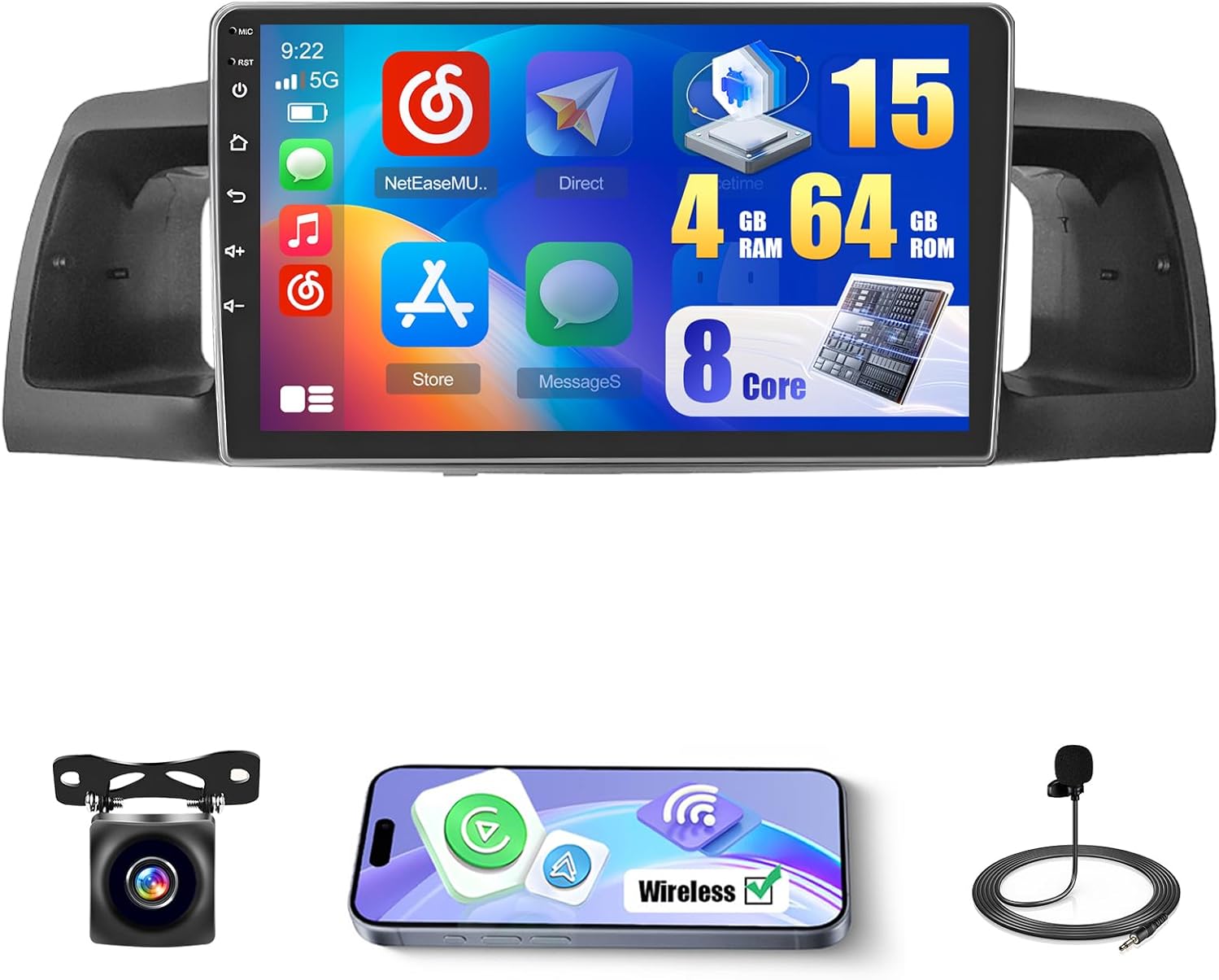 [8 Core 4+64G] Android Car Stereo for Toyota Corolla EX 2005-2012 with Wireless Carplay Android Auto, 9 Inch HD Touchscreen Car Radio with GPS WiFi Bluetooth5.0 FM/RDS EQ DSP SWC Backup Camera