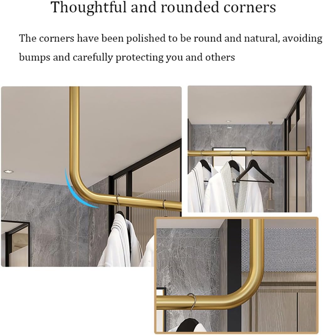 Wardrobe Assistant Corner Hanging Bar, Wall Mounted Corner Clothing Rack,Heavy Duty Industrial Pipe Garment Rack,Wardrobe Closet Organizer,for Office Entryway Bedroom,Gold,150x60cm