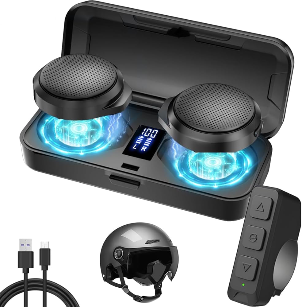 3T6B Motorcycle Bluetooth Headset with Charging Case, Helmet Bluetooth Speaker with Microphones & Remote Control, 1900mAh Battery, 50Hours Work Time, True Wireless Headsets for Riding and Skiing