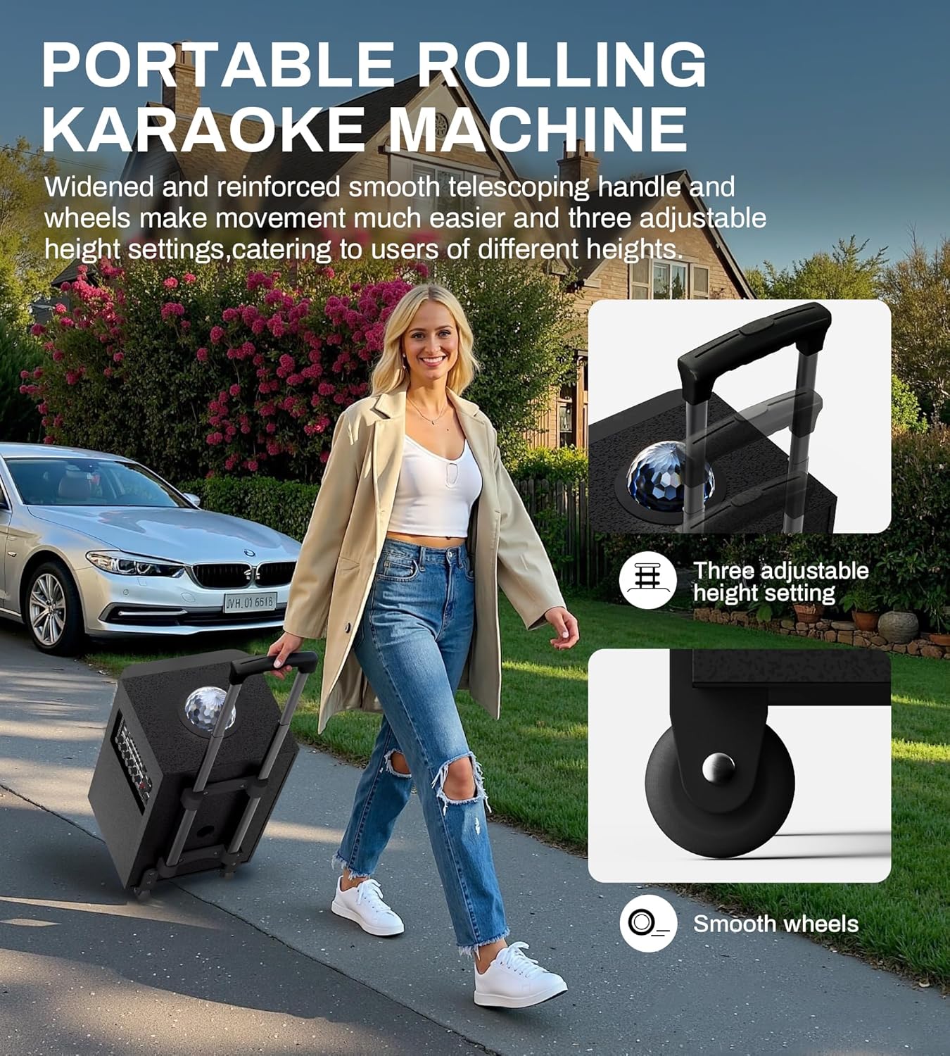 Karaoke Machine for Adults with 2 Wireless Microphones Portable Party Speaker BT PA System with Disco Ball LED Lights, Tablet Lyrics Display Holder, Remote Control, Rolling Wheels and Trolley