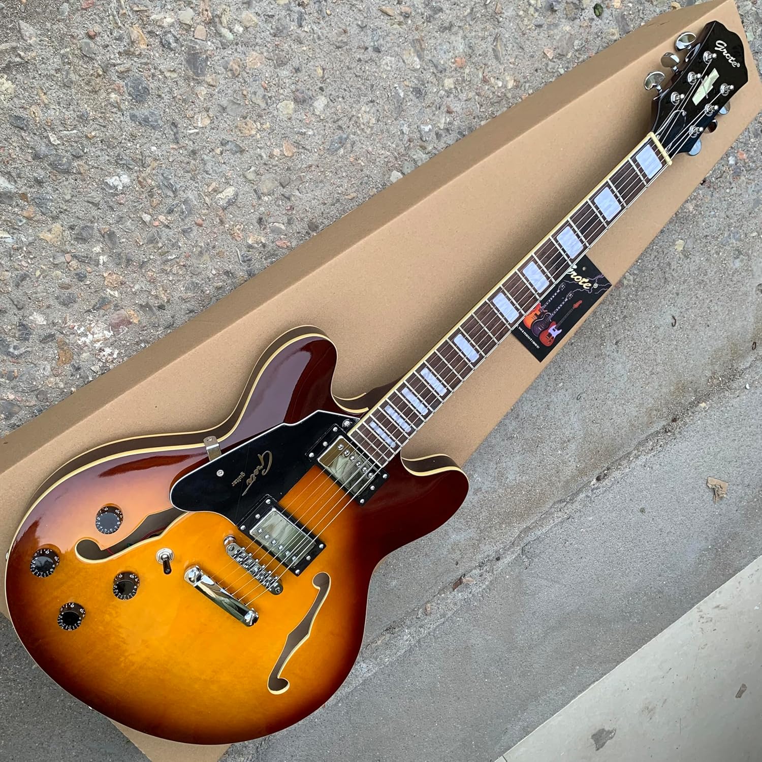 Semi-Hollow Body Electric Guitar, Left-Handed, F-Hole Design, Sunburst Finish