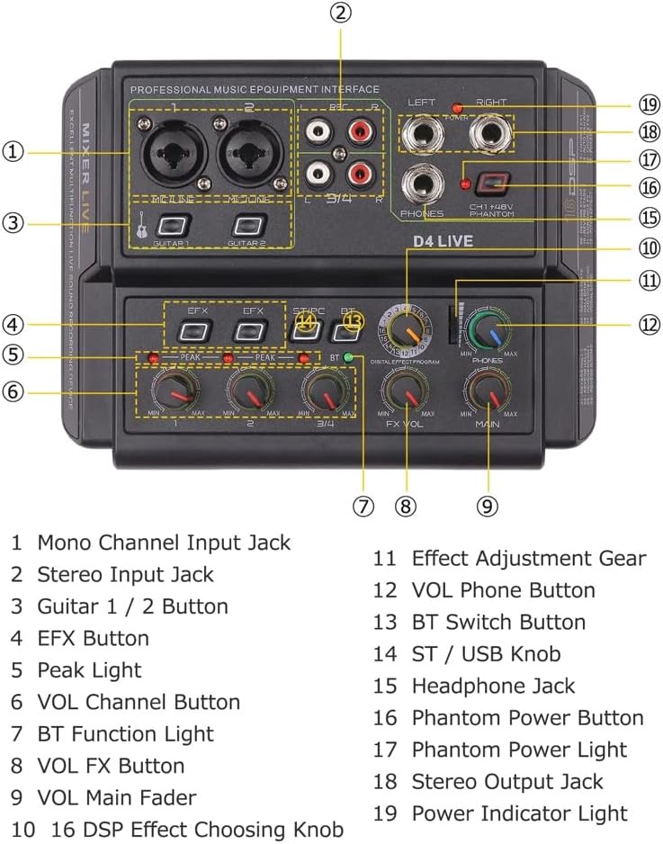 4-Channel Musical Portable Mini Audio Mixer Live Multi-Function Mixing Console USB Sound Recording Device Music Mixer Equipment