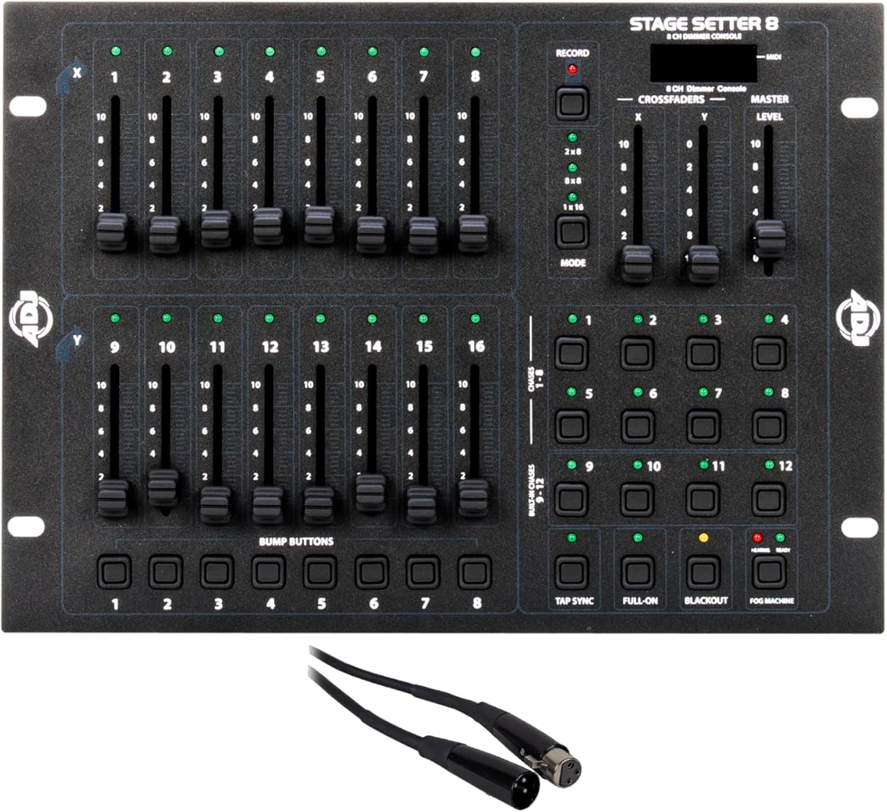 American DJ Lighting Control Bundle with STAGE SETTER 8 DMX Controller 16-Channel Par Can and Fog Machine Control with Programs MIDI Compatible, Rockville RDX3M25 25 ft OFC DMX Cable (2 Items)