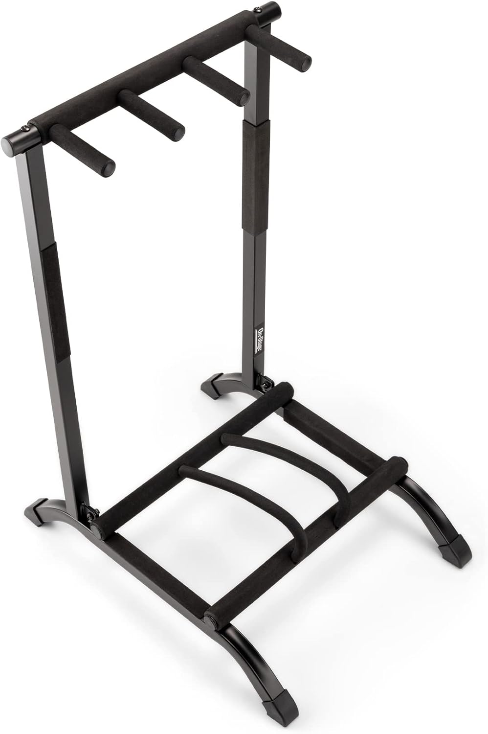 On-Stage GS7361 Three-Space Foldable Multi-Guitar Rack (Storage and Display for 3 Acoustic, Electric, and Bass Guitars, Multiple-Instrument Stand, Padded, Folding, Portable, Rubber Feet, Black)
