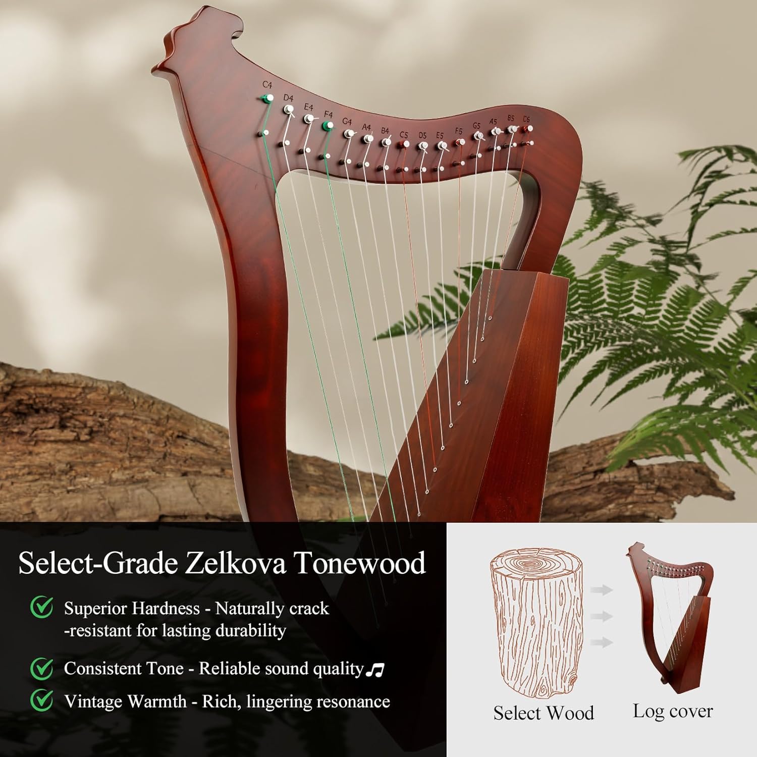 Lyre Harp, 23 Inches 15-String Zelkova Lyra Harp Kit, Stringed Musical Instruments with Tuning Wrench Gig Bag Instructions Extra Strings for Beginners Adults