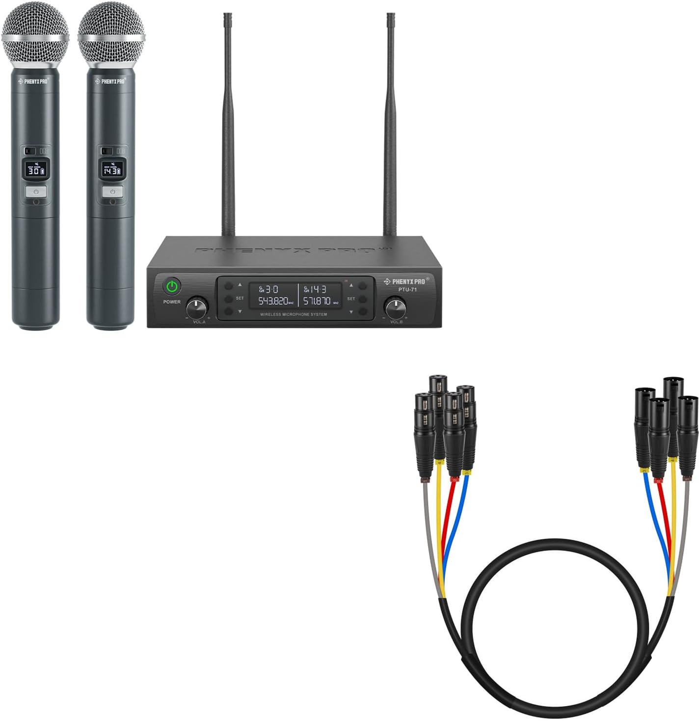 Phenyx Pro Wireless Microphone System,2x100 Adjustable UHF Channels(PTU-71-2H) Bundle with 3Ft XLR Snake Cable