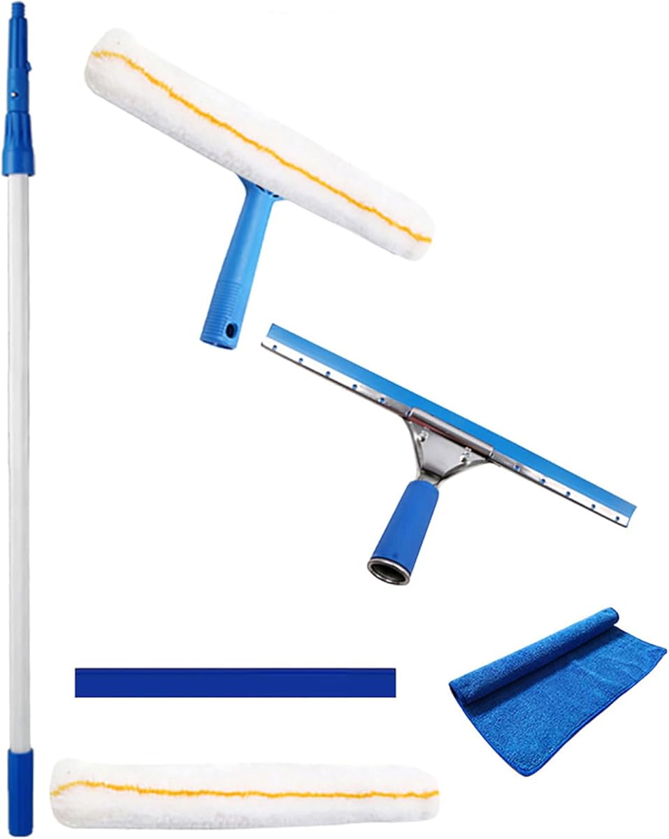 Shower Squeegee, Durable Shower Wiper Telescopic Pole 1.2m, Multipurpose Squeegee Blade 35cm for Shower Door Glass Blue