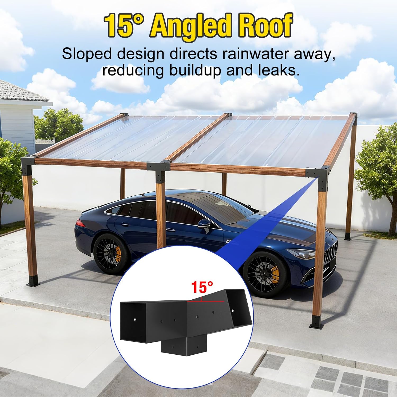 8PCS 15° Slanted Roof Pergola Brackets, 3-Way Roof Wall Mount Extension Pergola Kit, 4''x4'' Wood Post Base Bracket, Corner Bracket for Gazebos, Patio Pergolas, Log Cabin