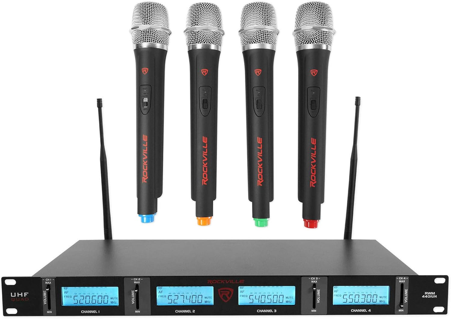 Rockville RWM4401UH Quad UHF Wireless Handheld Microphone System with LCD Display, Low Distortion, Long Range, for Live Performances and Events