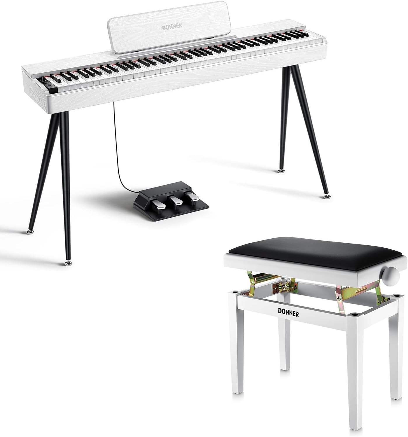 Donner OURA S100 Digital Piano with 88 Key Graded Hammer Weighted Keyboard with White Adjustable Piano Bench