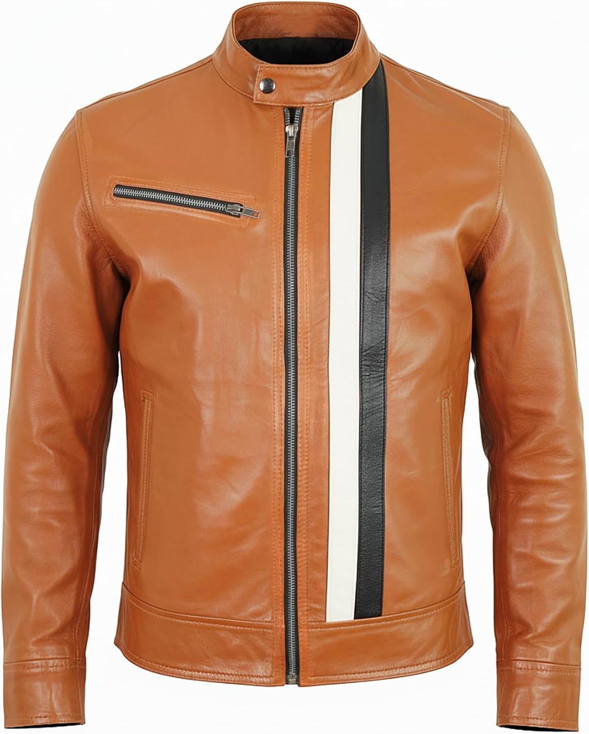 Leather Motorcycle Jacket Men - Cafe Racer Stripe Real Lambskin Racing Biker Jacket Men