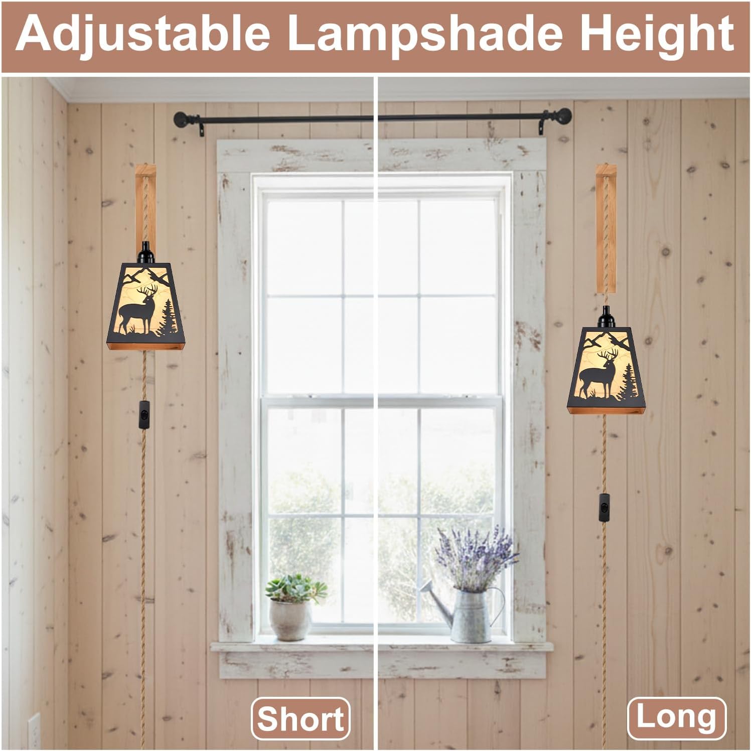 Wall Lamp Plug in,Deer Metal Wood Shelf Bracket Rustic Wall Sconces,Parchment Shade Farmhouse Wall Sconces Set of Two,Vintage Wall Mount Lights That Plug in,Wall Lamps for Living Room,Bedroom