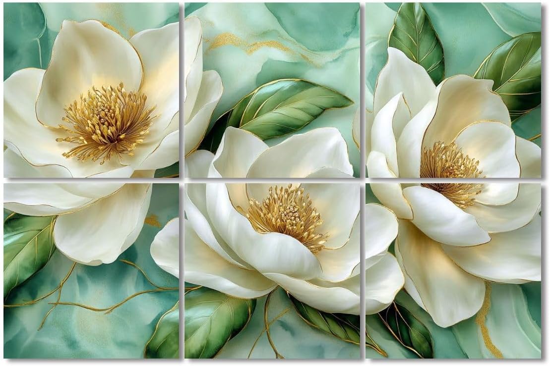 6 Pack Art Acoustic Panels Sound Absorbing Vintage Marble Floral Gold Green White Metal Flowers Magnolia Accents Decorative Soundproof Wall Panels Self Adhesive for Recording Studios Office 72