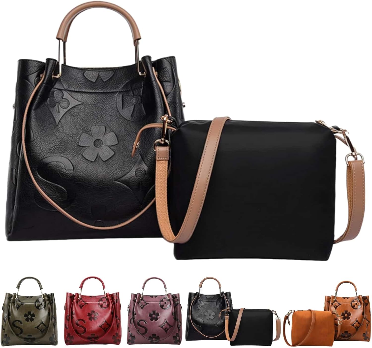 Women Large Tote Bag with Pouch Set of 2 Trendy Retro Floral Embossed Shoulder Handbag Crossbody Bucket Purse Fashion