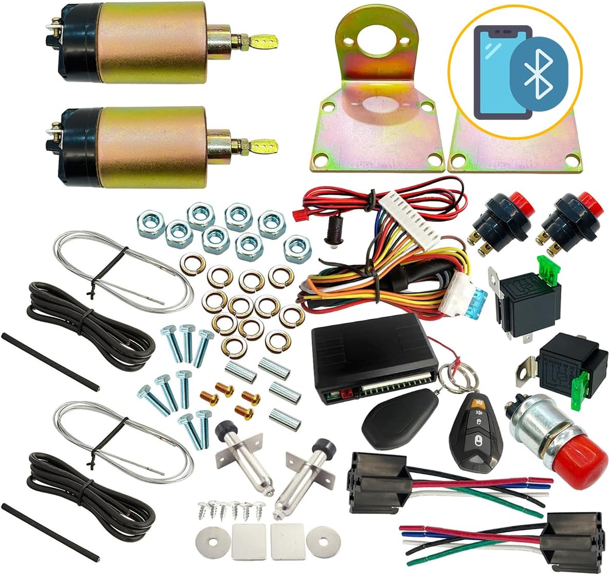 Two Door Shaved Door Handle Kit for Street Rat Hot Rod with Door Poppers Trunk Popper& Keyless Entry System Remote Control Bluetooth Kit & 2 Pack 5-Pin 12V Relay with Fuse Switch Kit (50lb)