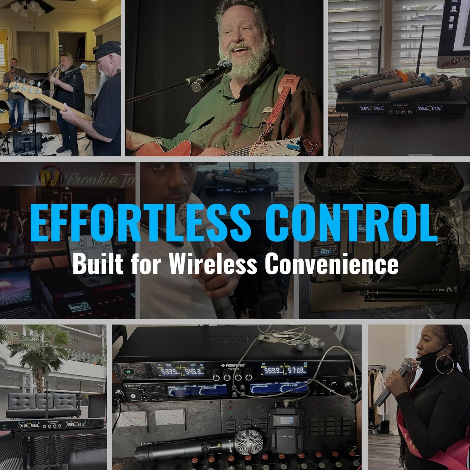 Phenyx Pro Wireless Microphone System, 4-Channel Wireless Mic Set w/ 4 Bodypacks and Headsets/Lapel Mics, 4x25 UHF Frequencies, 200ft Coverage, Cordless Microphone for Singing, Church (PTU-5200-4B)