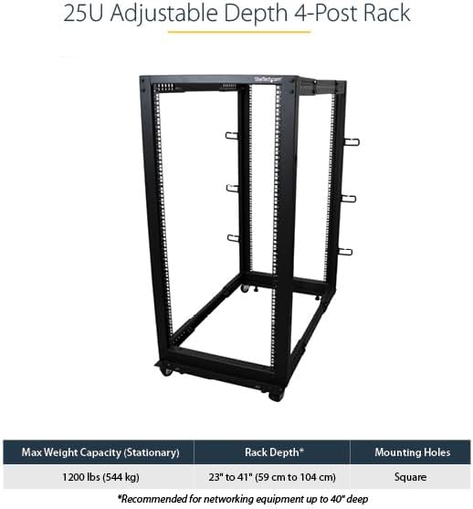 StarTech.com 4-Post 25U Mobile Open Frame Server Rack, 19in Network Rack with Wheels, Rolling Rack for Computer/AV/Data/IT Equipment - Casters, Leveling Feet or Floor Mounting (4POSTRACK25U)