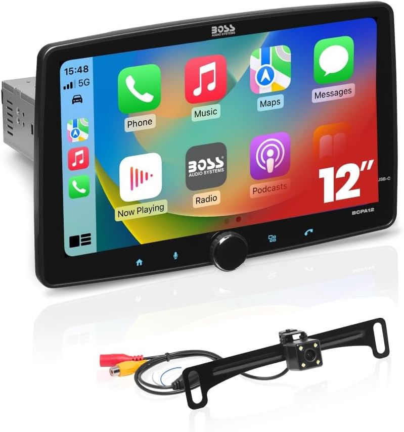 BOSS Audio Systems 12 Inch Single Din Car Stereo with Apple CarPlay, Android Auto + Backup Camera