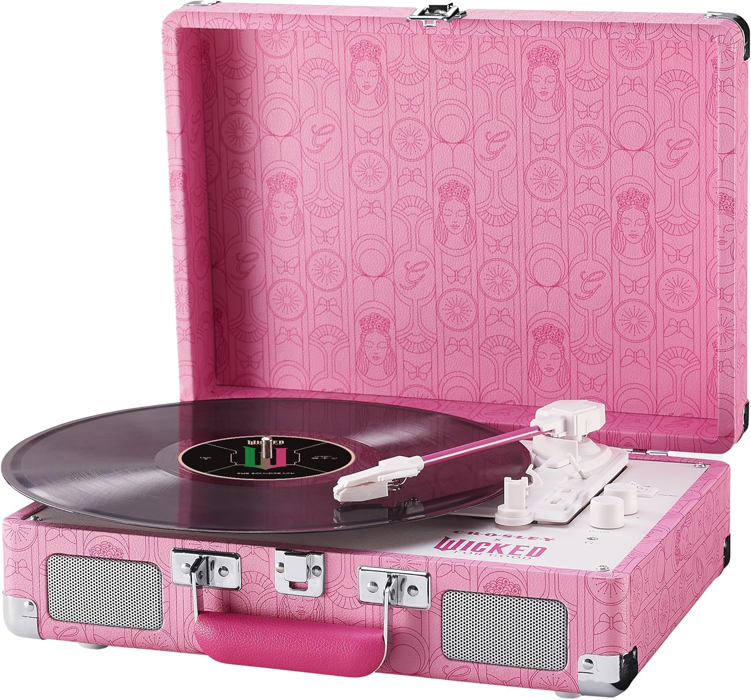Crosley x Wicked: for Good Cruiser Plus Vintage 3-Speed Bluetooth in/Out Suitcase Vinyl Record Player Turntable with Built-in Speakers, Glinda Edition