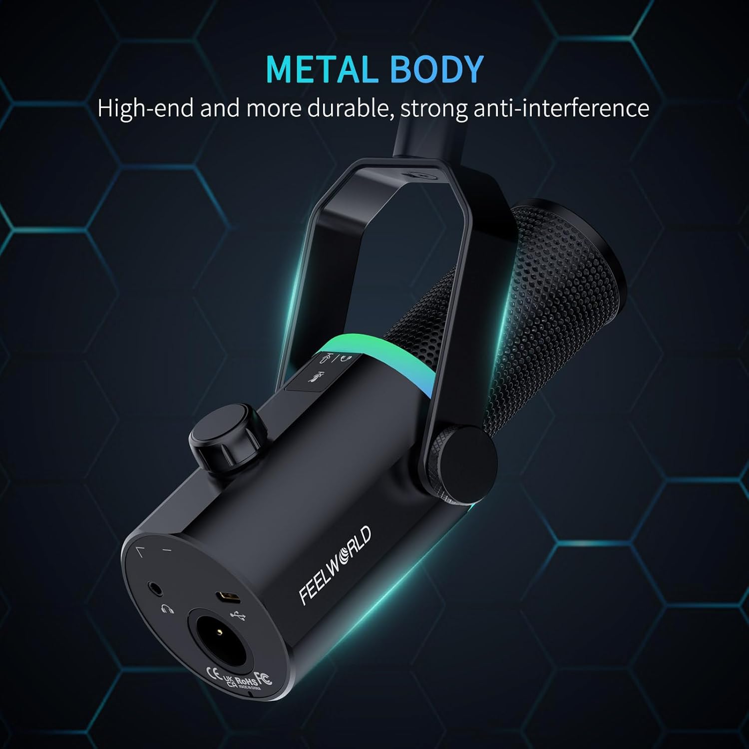 FEELWORLD PM1 XLR USB Dynamic Microphone with Desktop Stand Gifts for Podcast Recording PC Computer Gaming Live Streaming Vocal Voice-Over, Studio Metal Mic, RGB Light, Mute Button, Headphones Jack
