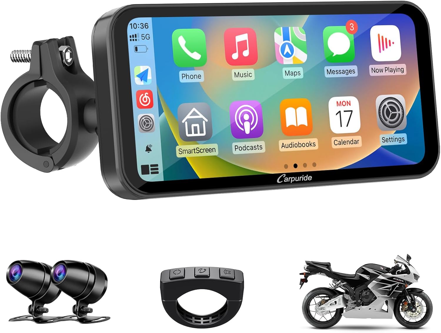 Carpuride W603D Motorcycle GPS Carplay Screen, Wireless CarPlay & Android Auto for Moto, with HD 1080P Dual Cameras, Remote Control，6.3