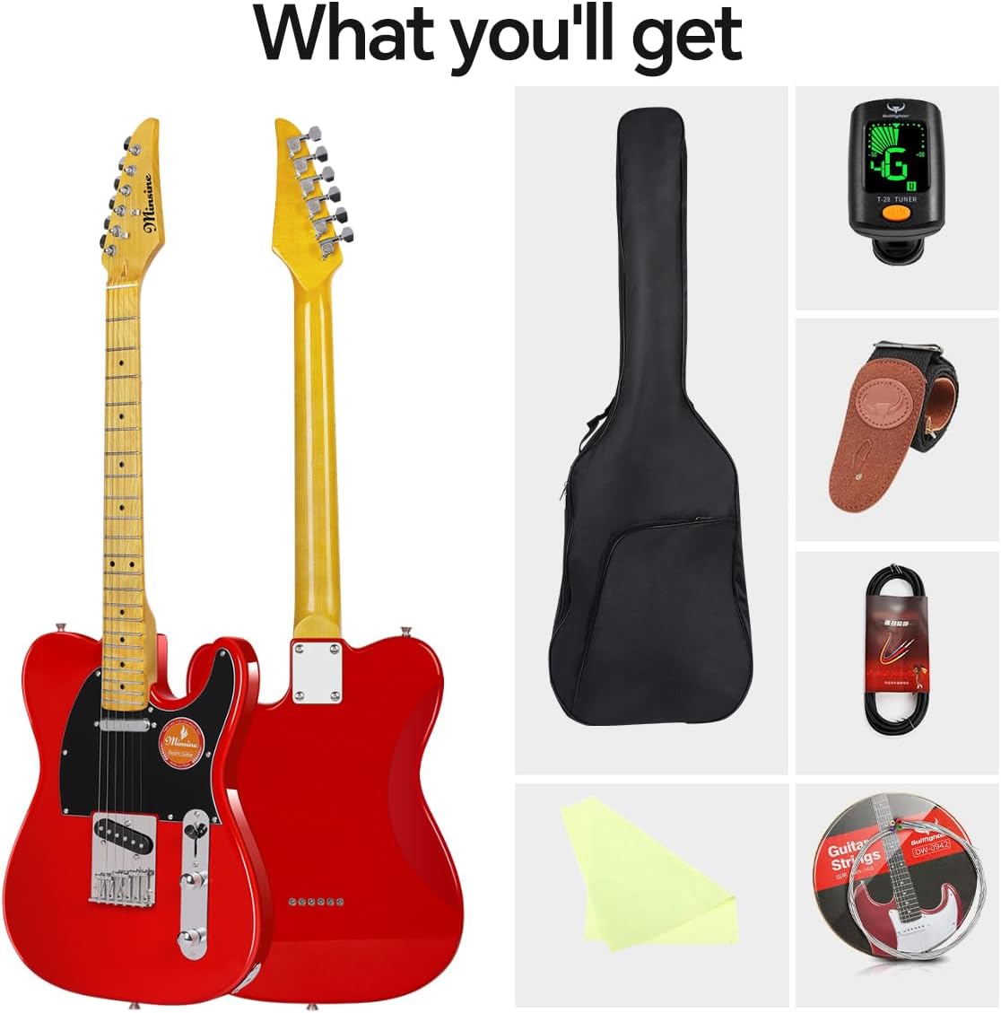 Electric Guitar Beginner Kit TL Series, Full-Size Paulownia Wood Body, C-Shape Neck, Guitarra Electrica, Accessories Pack Guitar Bag MS110 (Red)