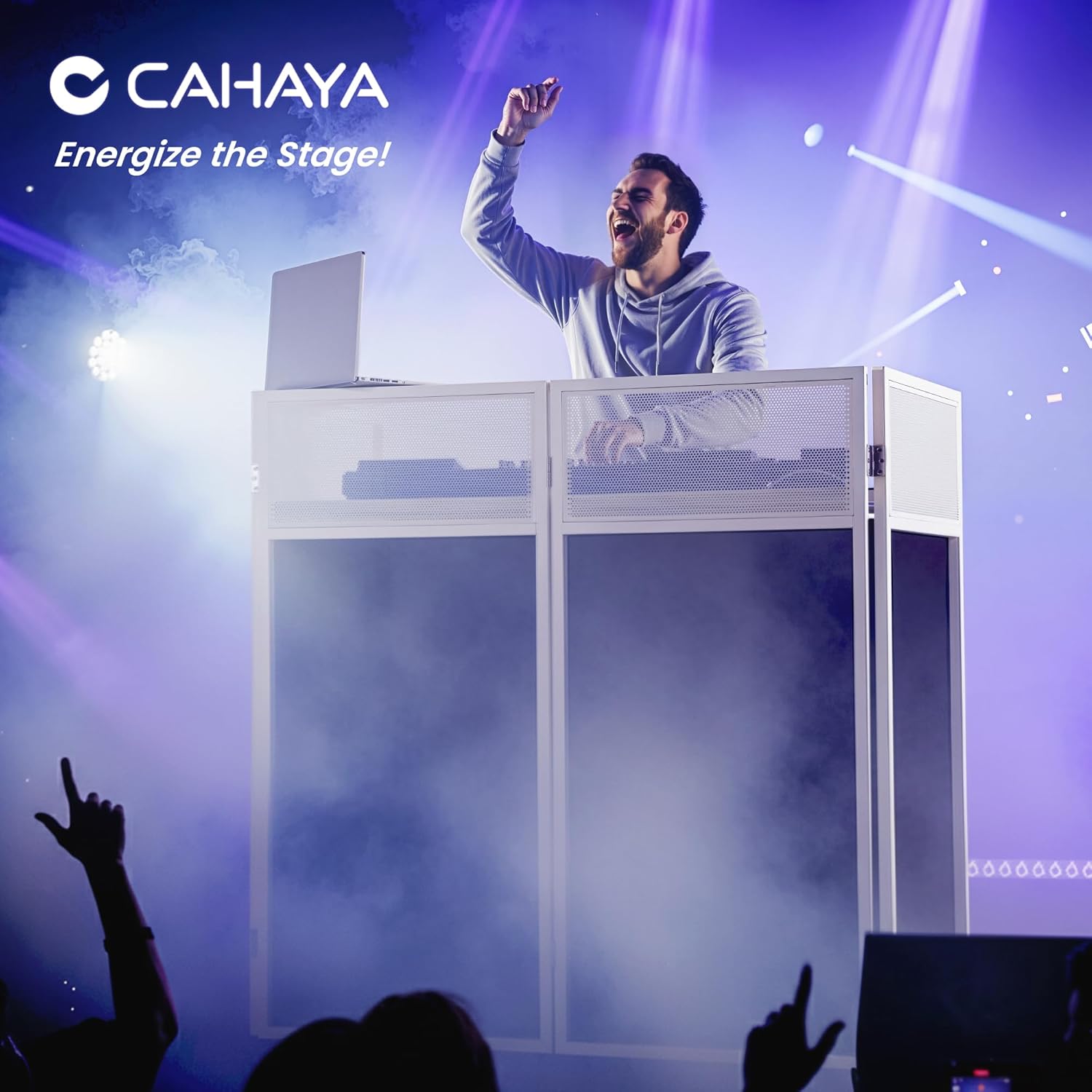 CAHAYA DJ Booth Stand Portable - DJ Table Facade with Black & White Scrims DJ Stand Foldable for Laptop & Controller Double Top Corners, Storage Bag, Cable Holes, 40