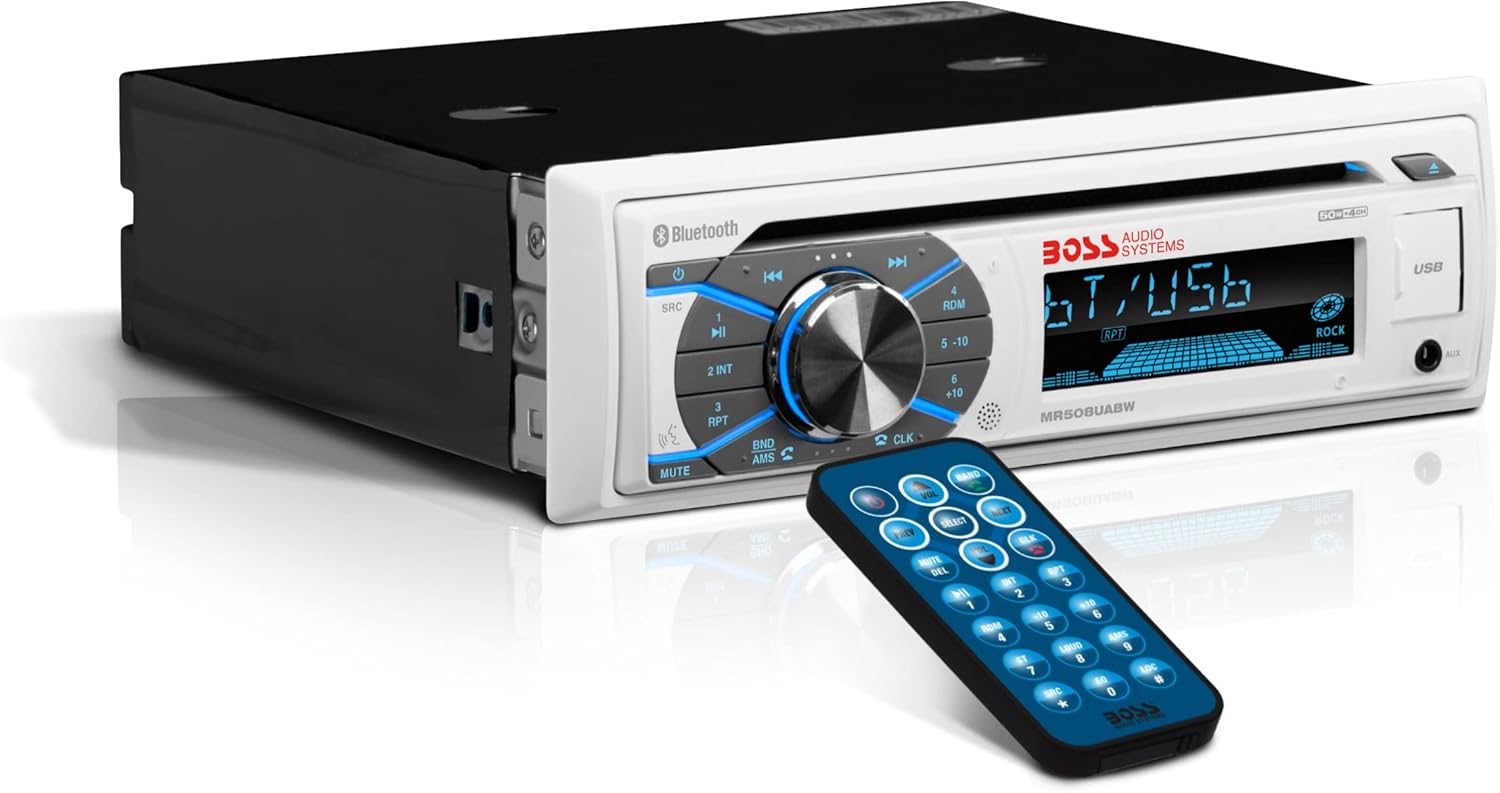 BOSS Audio Systems MR508UABW Marine Boat Stereo - Single Din, Bluetooth Audio and Calling Head Unit, AM/FM Radio Receiver, CD Player, Weatherproof, USB
