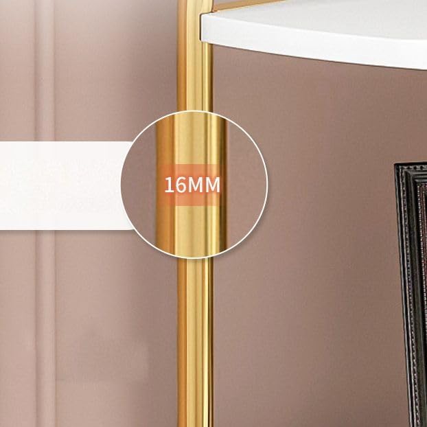 KWOKING Scandinavian Open Corner Bookshelf Metal Frame MDF Bookcase Triangle Corner Cabinet Shelf Corner Storage Living Room Bedroom Side Cabinet Shelf Rack White Gold 16