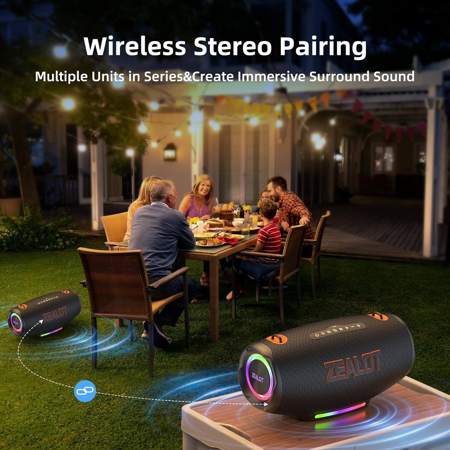 ZEALOT Bluetooth Speaker, 120W MAX Loud Portable Outdoor Speaker Bluetooth with Bidirectional Fast Charging/LED Lights/IPX6 Waterproof/Power Indicator/EQ/TF/AUX