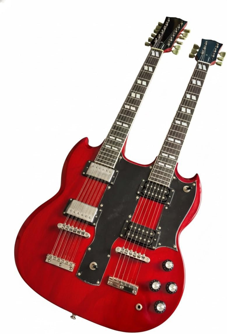 Double Neck Electric Guitar 12 String and 6 Solid Mahogany Body Rosewood Fretboard Trans Red