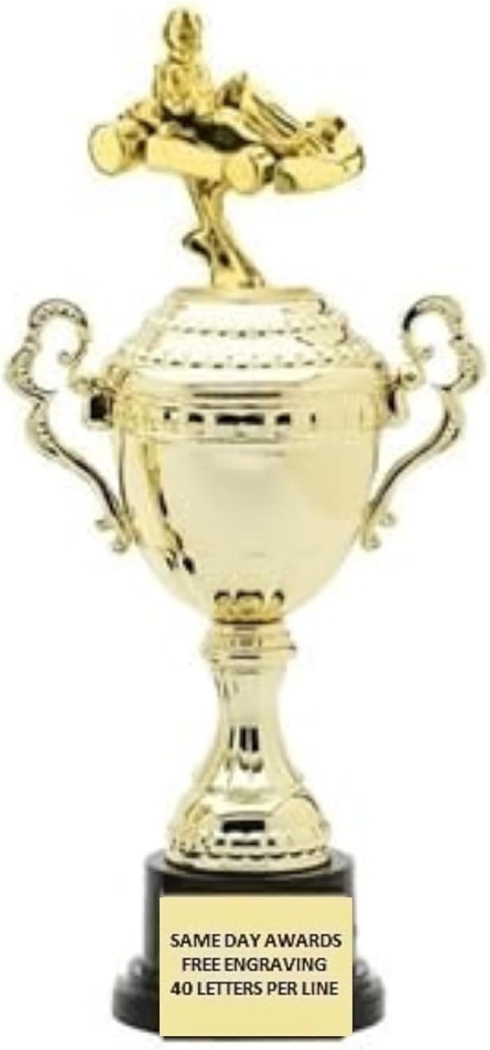 Go Kart Racing Trophy Cup with Driver Figure – Monaco Gold Custom Engraved Award with Classic Handles for Karting Championships Motorsports Leagues Racing Clubs and Competitive Events