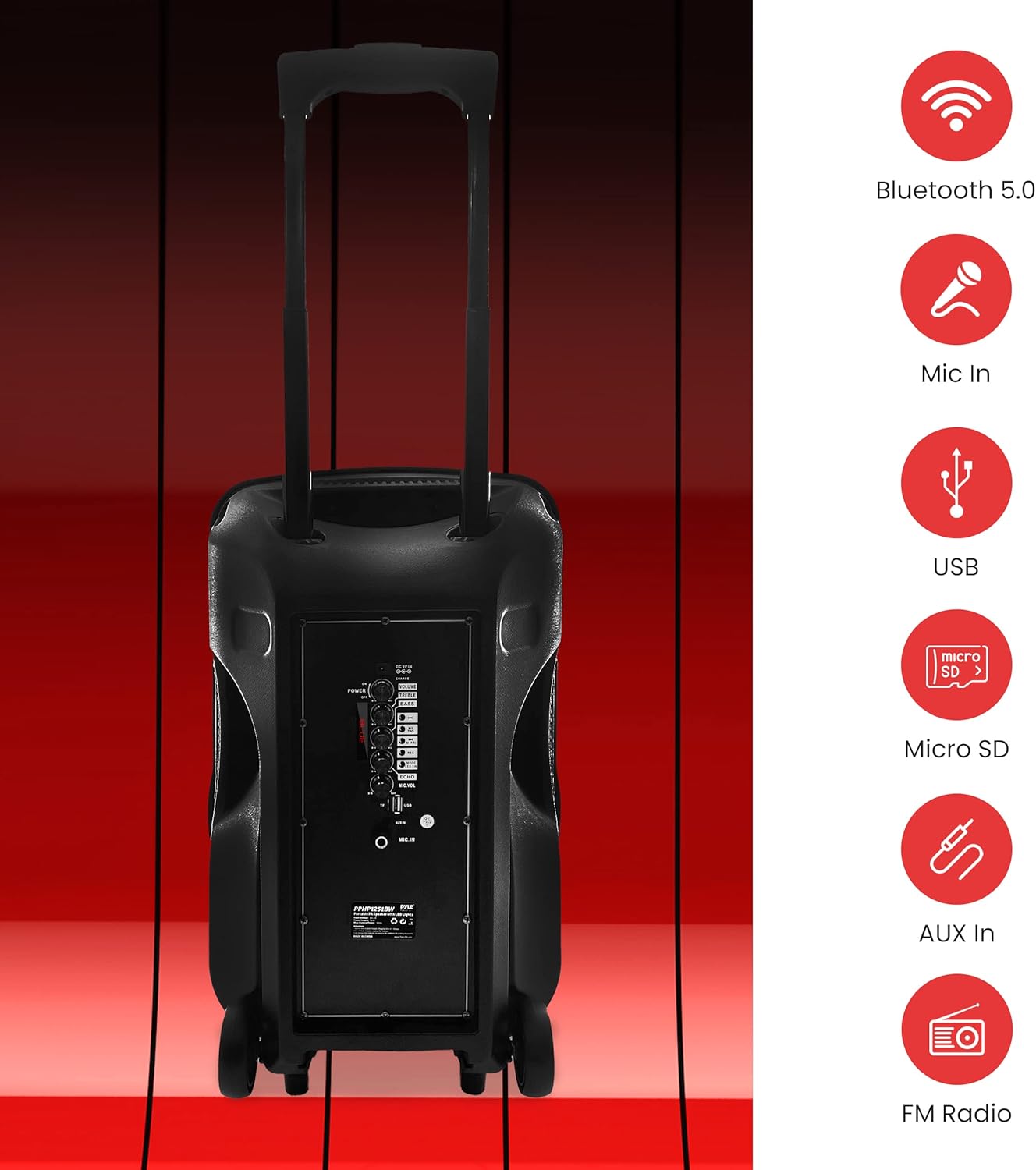 PyleUsa Portable Bluetooth PA Speaker-300W 12” Rechargeable Indoor/Outdoor BT Karaoke Audio System - LED Display, FM/AUX/MP3/USB/SD,1/4