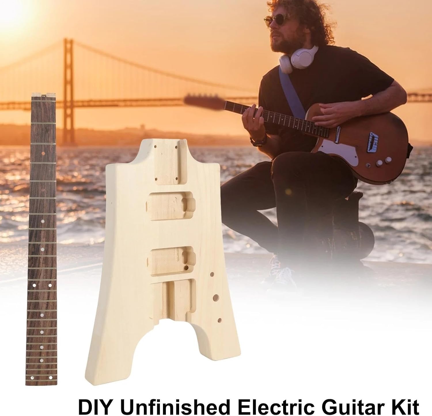 Guitar Body Guitar Replacement Parts DIY Unfinished Electric Guitar Kit Wooden Guitar Body Replacement 2 Double Line Circles Maple Neck
