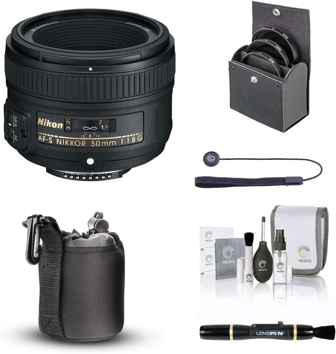 Nikon 50mm f/1.8G AF-S NIKKOR Lens, Bundle with ProOptic 58mm Filter Kit, Lens Case, Lens Cleaner, Cleaning Kit, Lens Cap Tether