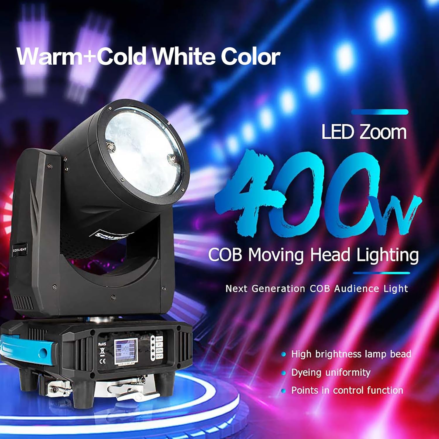SHEHDS Moving Head Lights COB 400W Warm White+Cold White Stage Lihgts Beam/Wash/Strobe Effect 5-50 Degree Beam Angle DMX512 Disco DJ Lights for Party KTV Bar Show