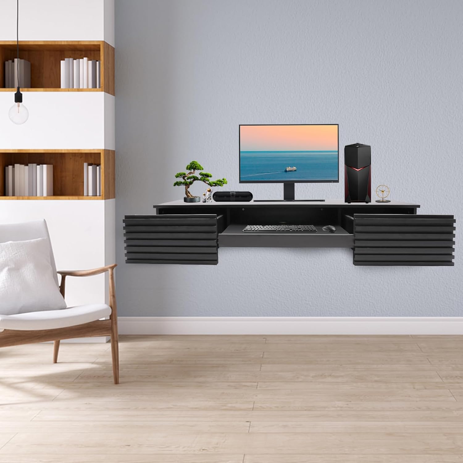 Wall Mounted Desk,Floating Wall Desk,Hanging Desk,Wall-Mounted Computer Table Desk,Floating Computer Desk,Floating Shelf with Pull Out Drawer,Wall Organizer for Office Home,Black,60*15.5*9.5in