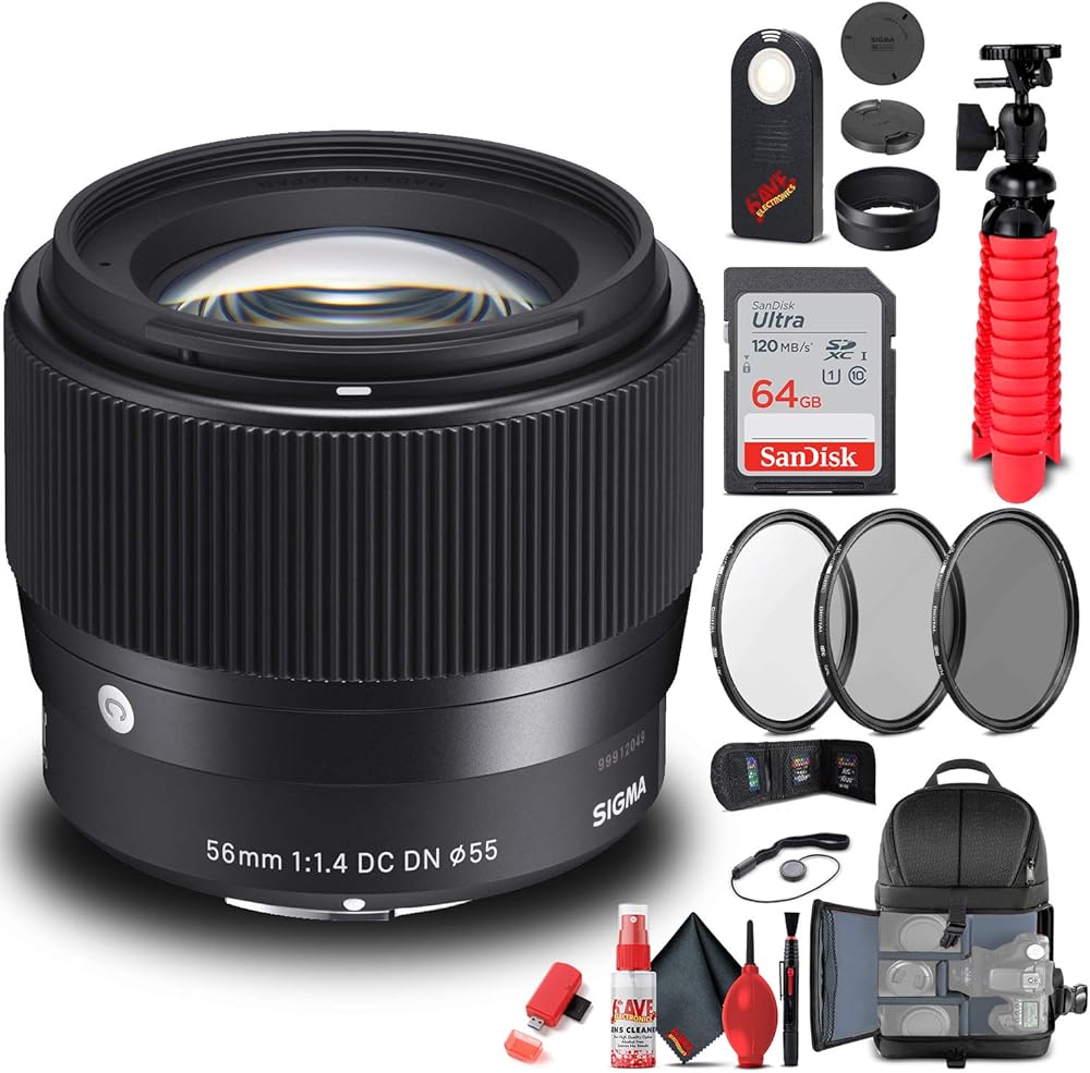 Sigma 56mm f/1.4 DC DN Contemporary Lens for Sony E (351965) Bundle + Backpack + 64GB Card + Card Reader + 3 Piece Filter Kit + Cleaning Set + Flex Tripod + Memory Wallet + IR Remote + Cap Keeper