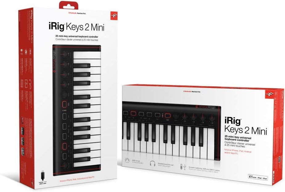 IK Multimedia iRig Keys 2 Mini portable keyboard MIDI controller with 25 velocity-sensitive synth-action mini keys and headphone output, for iPhone, iPad, Mac, PC, Android