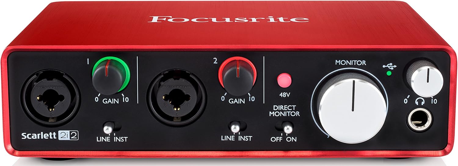 Focusrite Scarlett 2i2 USB Audio Interface Bundle with Headphones, Pop Filter, 2 XLR Cables, and Austin Bazaar Polishing Cloth