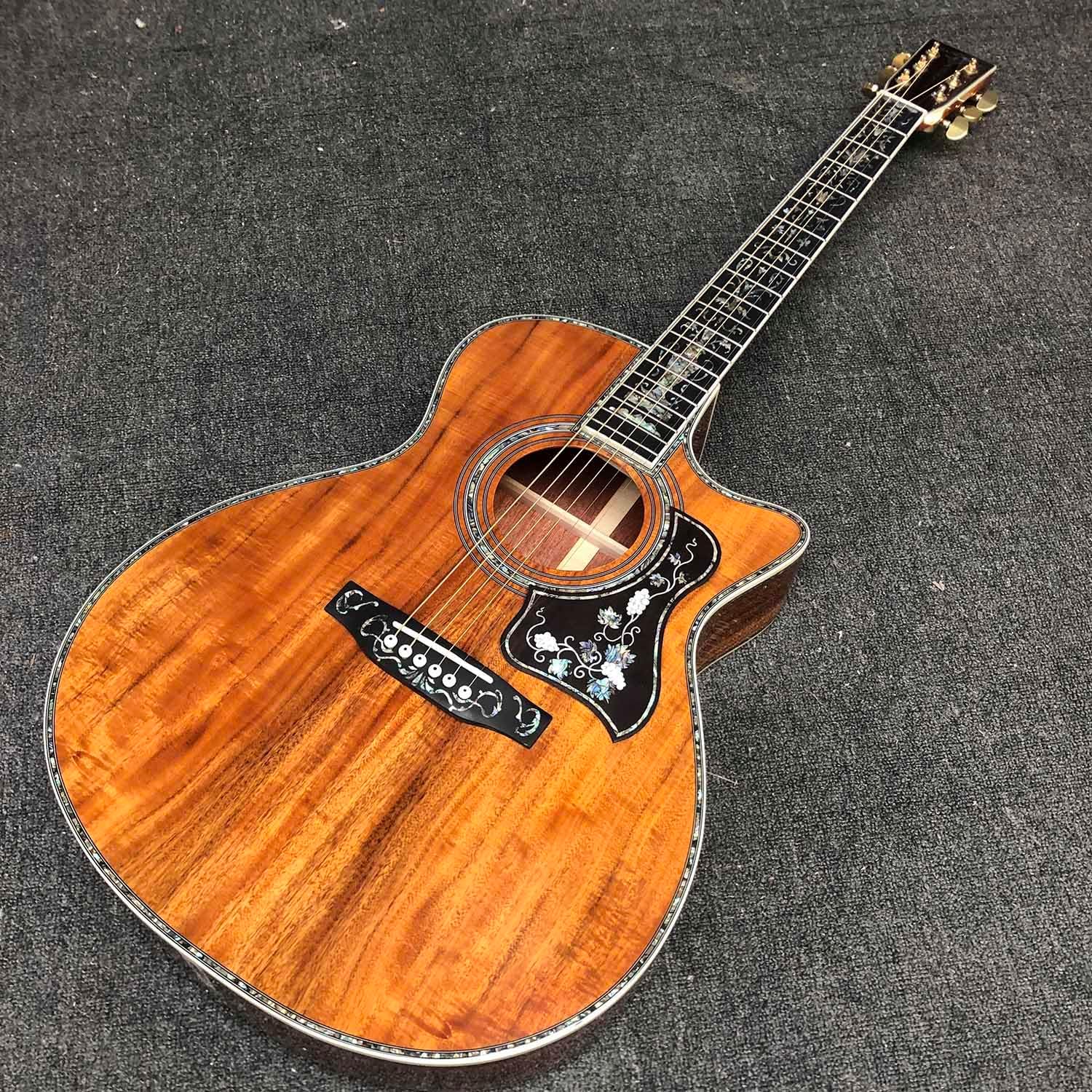 40 Inch OM Type Solid KOA Wood Top Cutaway Acoustic Guitar Ebony Fingerboard Abalone Inlays 43mm Nut Width and Hardcase
